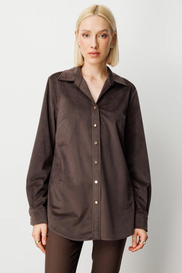 Ekol Kadın İnce Fitilli Kadife Gömlek 3045 Kahverengi - Image 1