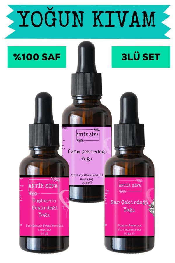 Antik Şifa Kuşburnu Çekirdeği, Üzüm Çekirdeği Ve Nar Çekirdeği Yağı (3X20Ml)-%100 Saf Doğal Sabit Yağ Seti - Image 1