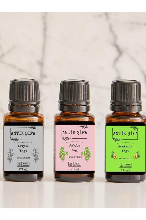 Antik Şifa Doğal Saç Bakım Seti, 3'Lü Soğuk Sıkım Yağ Seti - (Argan Yağı, Avokado Yağı , Jojoba Yağı) 3X 20Ml - Image 1