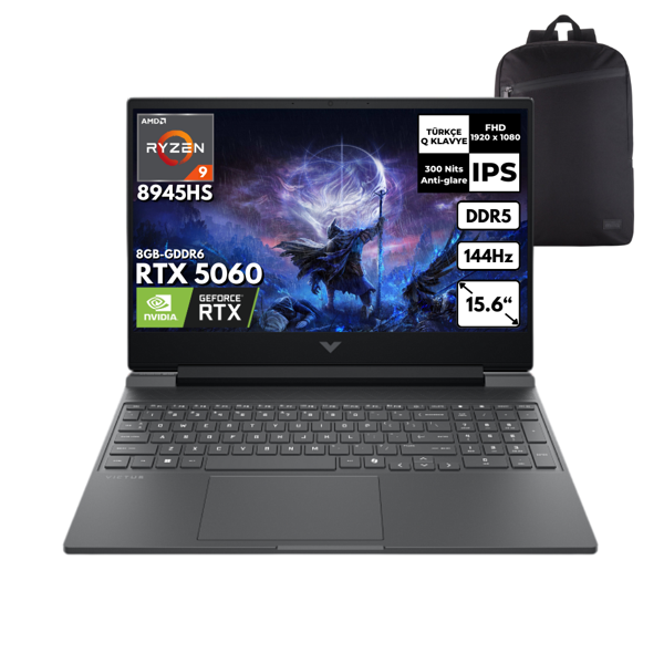 HP Victus 15-FB3006NT Ryzen 9-8945HS 32-GBDDR5 4 TBSSD RTX4060 15.6" FHD Win 10 Home + HMF Sırt Çantası B82WCEAHMF72 - Image 1
