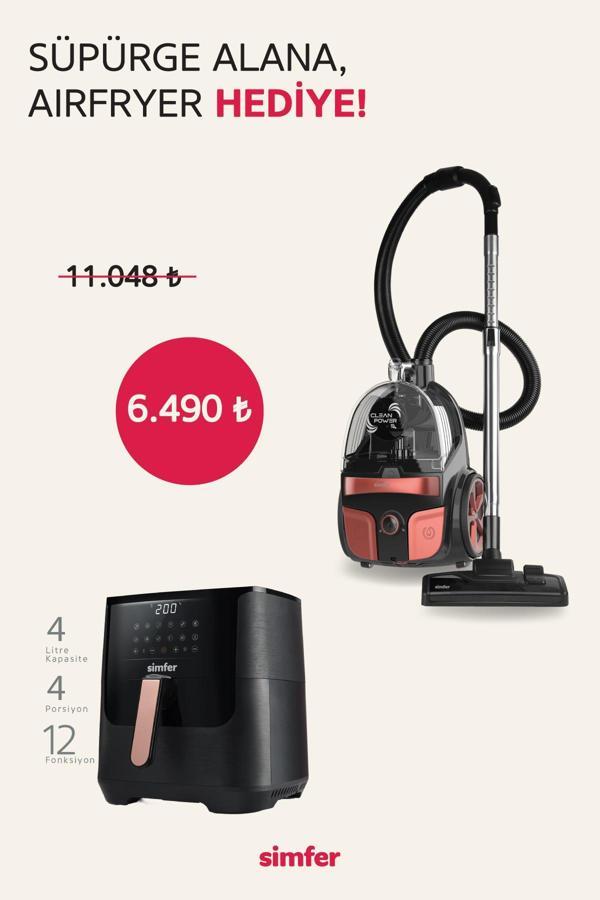 Toz Torbasız Yatay Süpürge Clean Power S4 Kırmızı  (4 Litre Smart Dijital Siyah Airfryer Hediye!) - Image 1