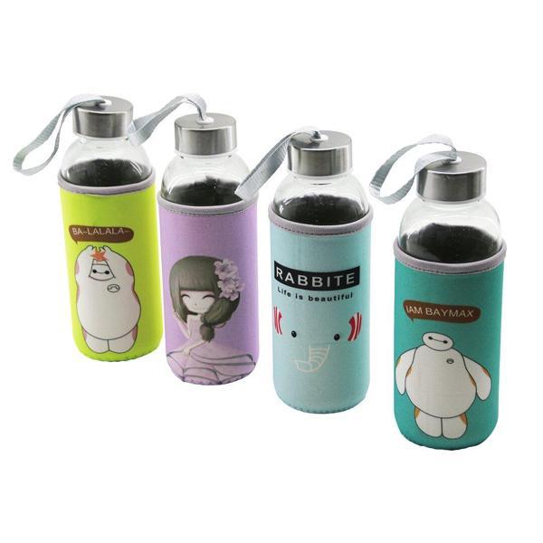 CAM ŞİŞE  MATARA SULUK  RESİMLİ BEZ KILIFLI - TAŞIMA İPLİ   420ML   KROM KAPLAMA PLS.KAPAK (5250) - Image 1