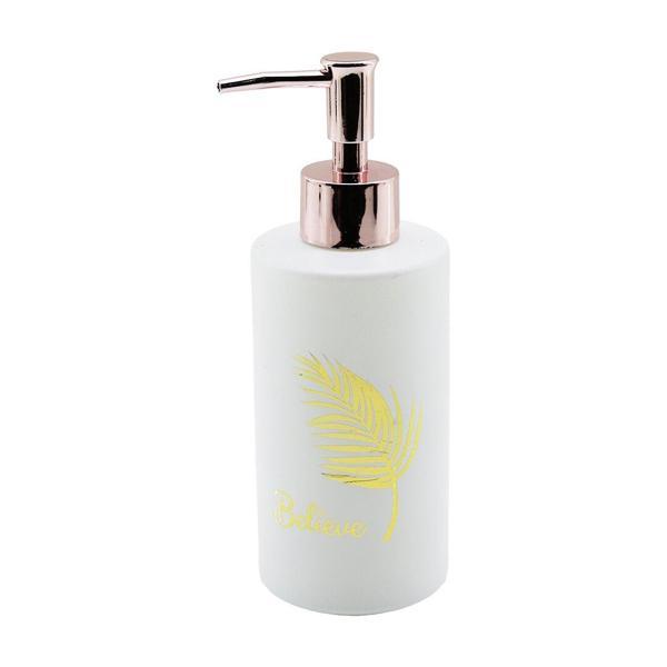 CAM  YUVARLAK - BEYAZ ŞİŞE--GOLD YAPRAK DESEN SIVI SABUNLUK 350ML BRONZ PLASTİK POMPA (5250) - Image 1