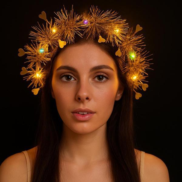 Kalp Püsküllü Gece Parıltısı 3 Modlu LED'li Işıklı Taç Altın Renk (5250) - Image 1