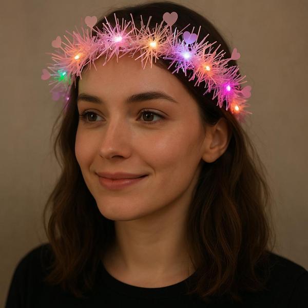 Kalp Püsküllü Gece Parıltısı 3 Modlu LED'li Işıklı Taç Pembe Renk (5250) - Image 1