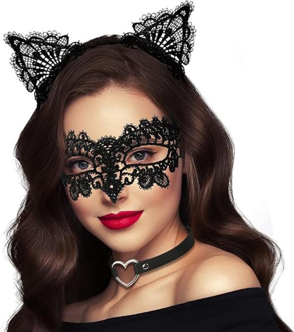 Siyah Renk Dantel Maske ve Dantel Kulak Taç Seti Yetişkin No 10 (5250) - Image 1