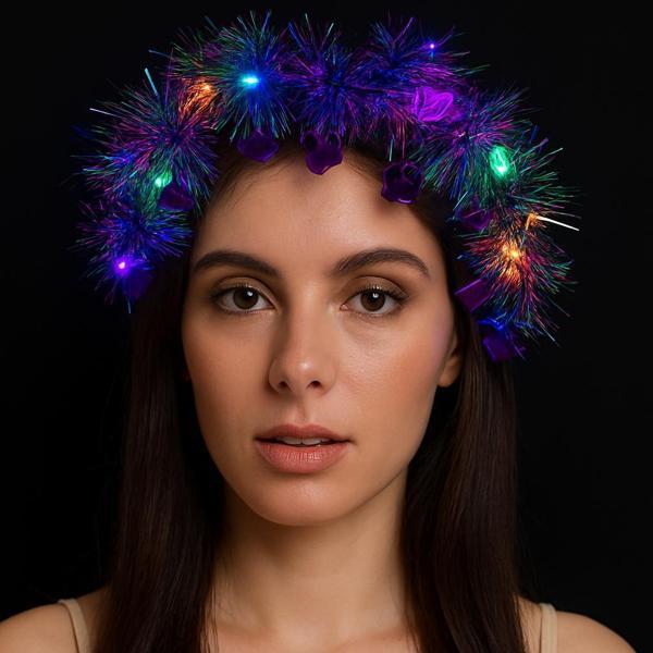 Kalp Püsküllü Gece Parıltısı 3 Modlu LED'li Işıklı Taç Mor Renk (5250) - Image 1