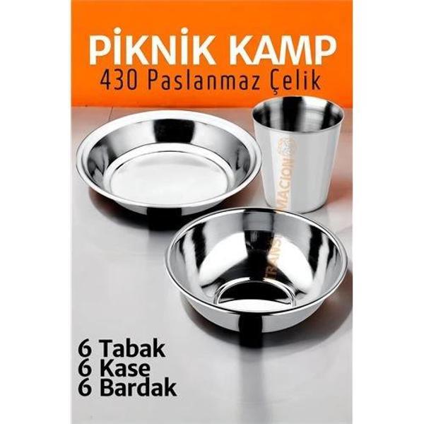 Turk Paslanmaz Çelik Tabak Kase Bardak Seti Kamp Piknik Seti 18 adet - Image 1