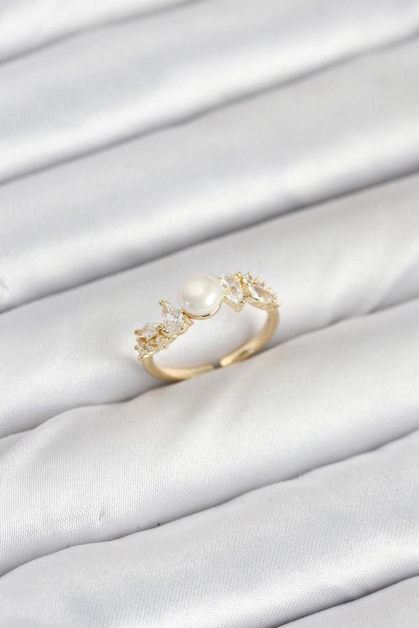 Pirinç Gold Renk Zirkon Taşlı İncili Model Kadın Yüzük 3852 - Image 1