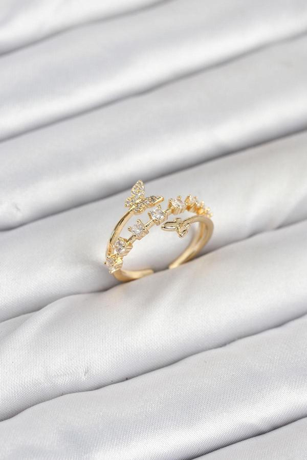 Pirinç Gold Renk Zirkon Taşlı Kelebek Model Kadın Yüzük 3850 - Image 1