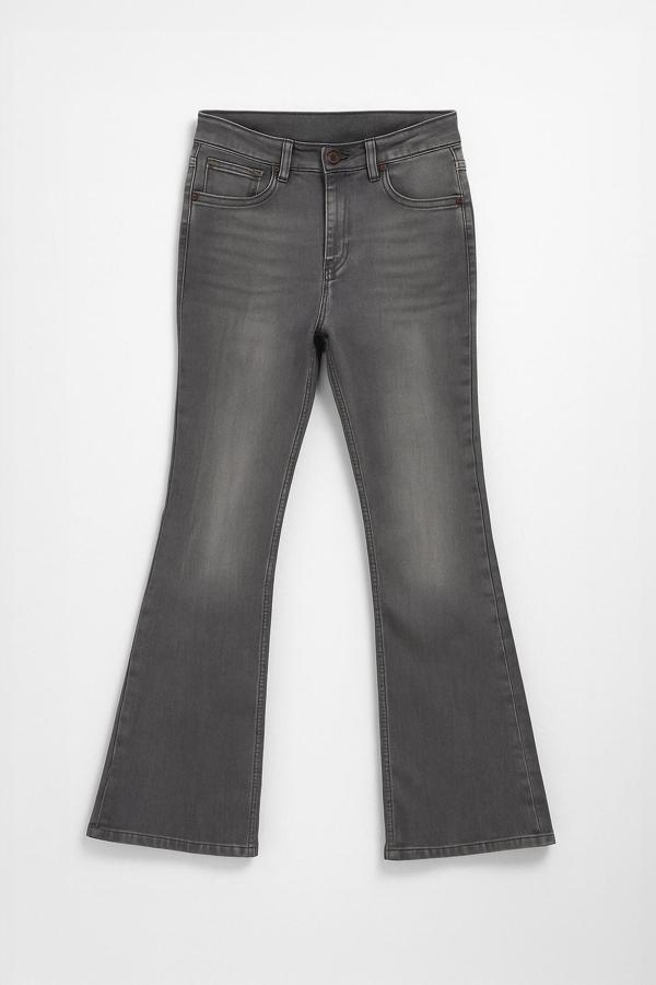 Kadın İspanyol Paça Likralı Esnek Gri Flare Jean Pantolon - Image 1
