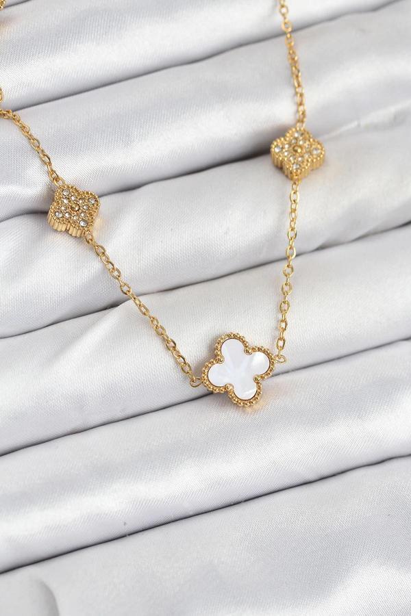 316L Çelik Zincir Gold Renk Beyaz ve Zirkon Taşlı Yonca Kadın Kolye - Image 1