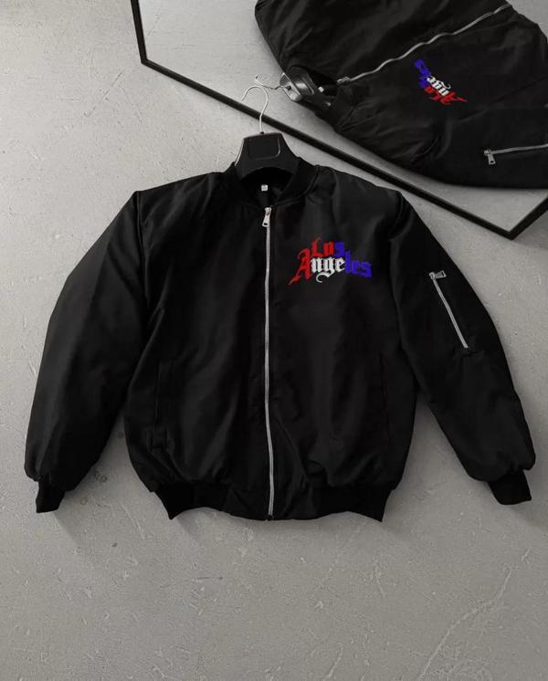 Tam Fermuarlı Uzun Kol Baskılı Bomber Ceket - Siyah - Image 1