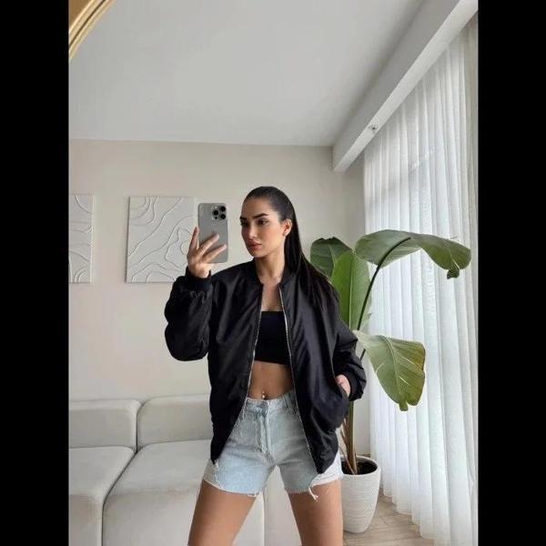 Unisex İçi Astarlı Düz Bomber Ceket - Siyah - Image 1