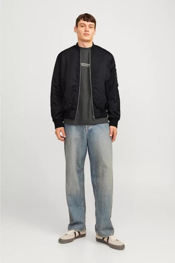 Unisex İçi Astarlı Düz Bomber Ceket - Siyah - Image 1