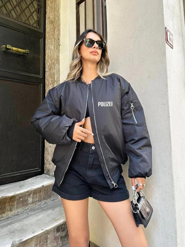 Unisex Uzun Kol Baskılı Bomber Ceket - Siyah - Image 1