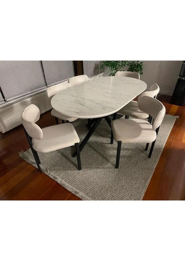  Hobi Beyaz Mermer Görünümlü  Oval Masa  6 Sandalye  - Image 1