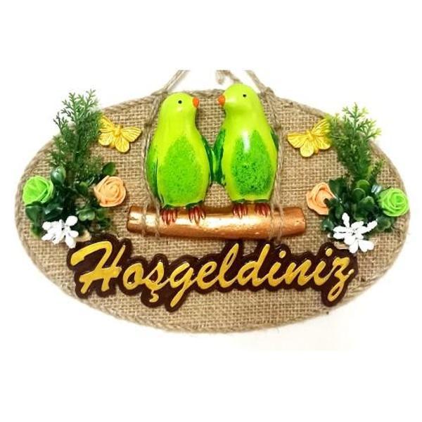 Yeşil Kuşlu Hoşgeldiniz Yazılı Kapı Süsü - Image 1