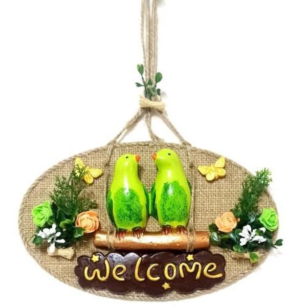 Yeşil Kuşlu Welcome Yazılı El Yapımı Kapı Süsü - Image 1
