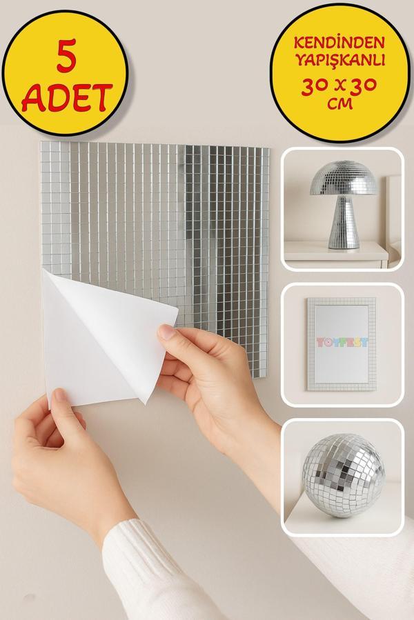 5’li Kendinden Yapışkanlı Silver Ayna Mozaik Disco Sticker Duvar Çerçeve Eşya Dekoratif Kaplama30x30 - Image 1