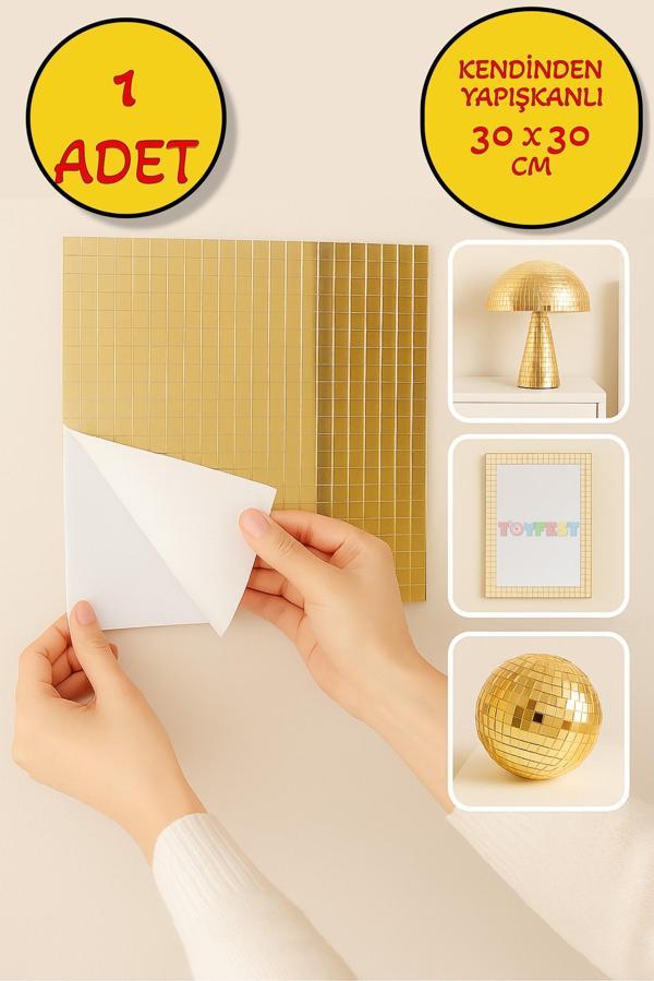 1’li Kendinden Yapışkanlı Gold Ayna Mozaik Disco Sticker Duvar Çerçeve Eşya Dekoratif Kaplama 30x30 - Image 1