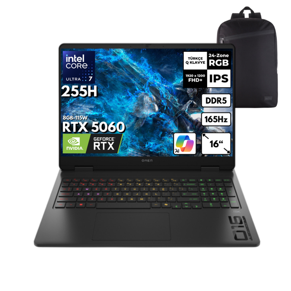 HP OMEN 16-am0018nt Ultra 7-255H 64-GBDDR5 4 TBSSD RTX5060 (8GB-115W) 16" Windows 11 Pro + S. Çantası BQ1Z1EAHMF28 - Image 1