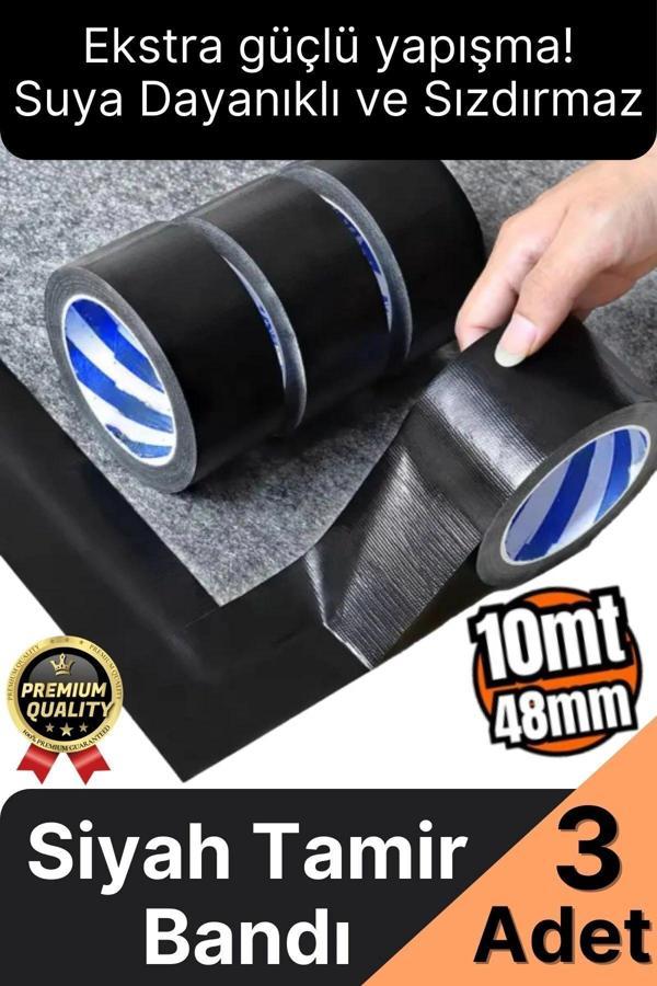 3 Adet Ekstra Güçlü Dayanıklı Su Geçirmez Sızdırmaz Yalıtım İzolasyon Siyah Tamir Bandı 10 Mt 48 Mm - Image 1