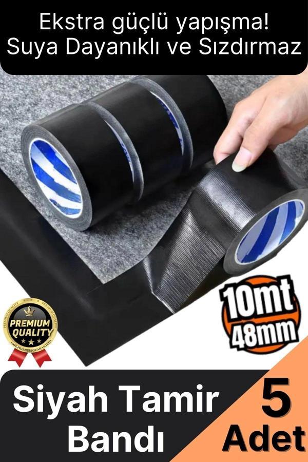 5 Adet Ekstra Güçlü Dayanıklı Su Geçirmez Sızdırmaz Yalıtım İzolasyon Siyah Tamir Bandı 10 Mt 48 Mm - Image 1