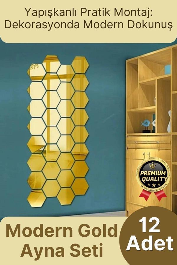 Yeni Seri Modern Şık Tasarım Dekoratif Altıgen Ev Ofis Duvar Dolap Yapışkanlı Gold Ayna Seti 12 Adet - Image 1