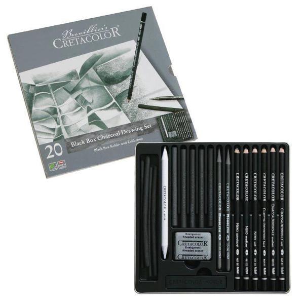 Supertrend Black Box Charcoal Drawing Set Karakalem Eskiz Çizim Seti Metal Kutu 20 Parça - Image 1