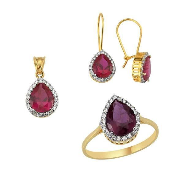 Kırmızı Taşlı Üçlü Set 6.60 Gram 14 Ayar Altın - Image 1