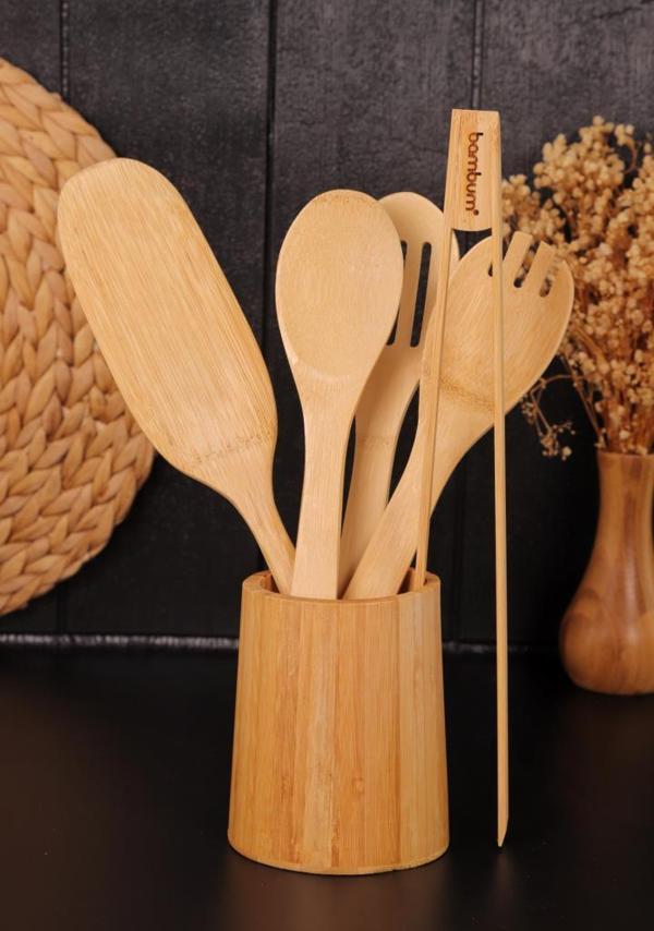 Bambu 6 Parça Mutfak Gereçleri Seti – Kaşıklık Standlı Spatula ve Servis Kaşıkları - Image 1