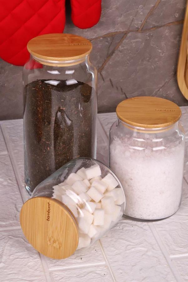 Zone - 3'lü Cam Saklama Kabı 600ml-800ml-1300ml Vakumlu Bambu Kapaklı - Image 1