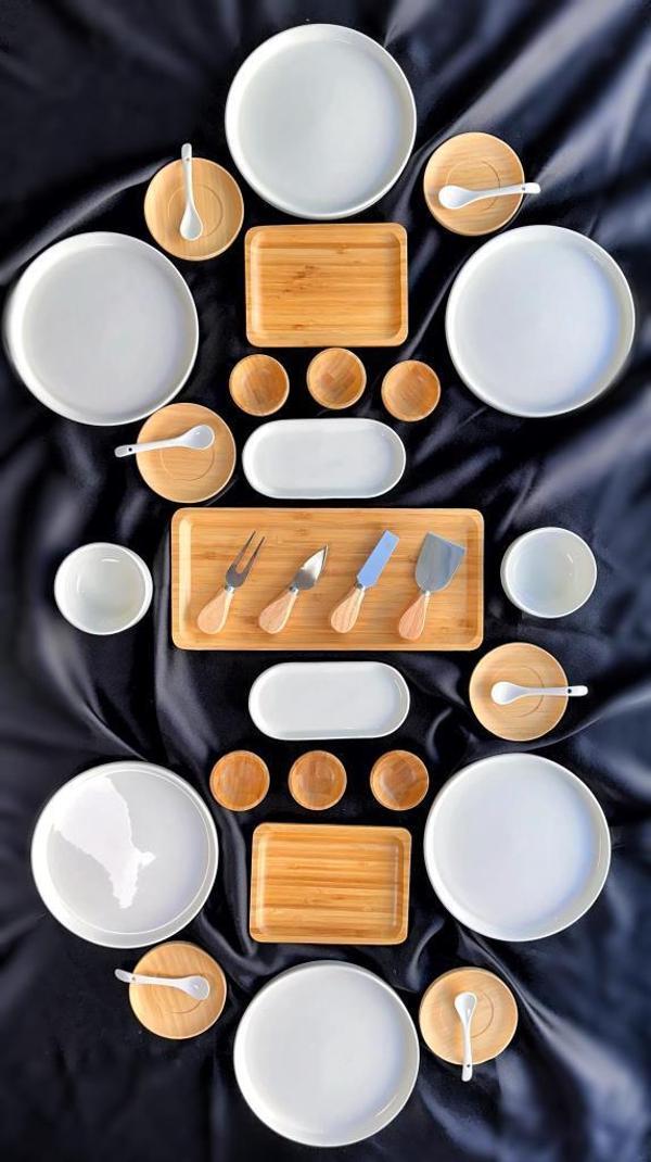 Atbyhome 6 Kişilik 35 Parça Seramik - Bambu Kahvaltı Takımı - Lüx Kahvaltılık Sunum Seti - Image 1