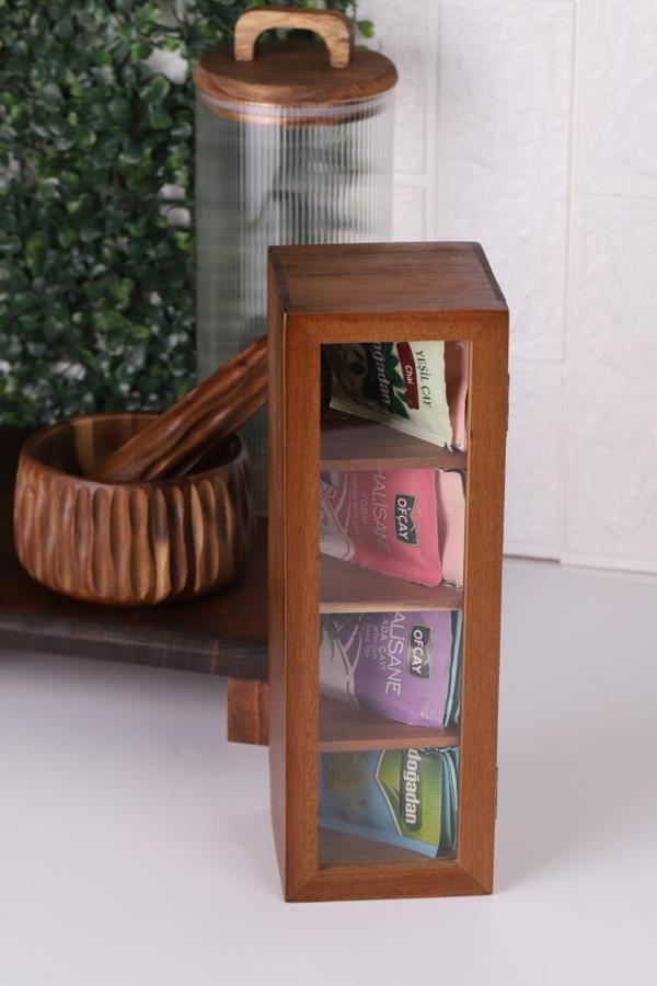 Atby Akasya Ahşap Kapaklı 4 Bölmeli Çay Kutusu 26,5x9x9 cm Şeffaf Kapaklı Çay ve Kahve Düzenleyici Kutu - Image 1