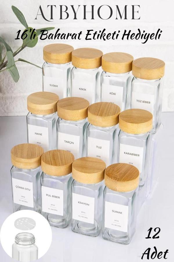 Bambu Kapaklı 12 Adet Cam Baharatlık Seti 120 ml - Image 1