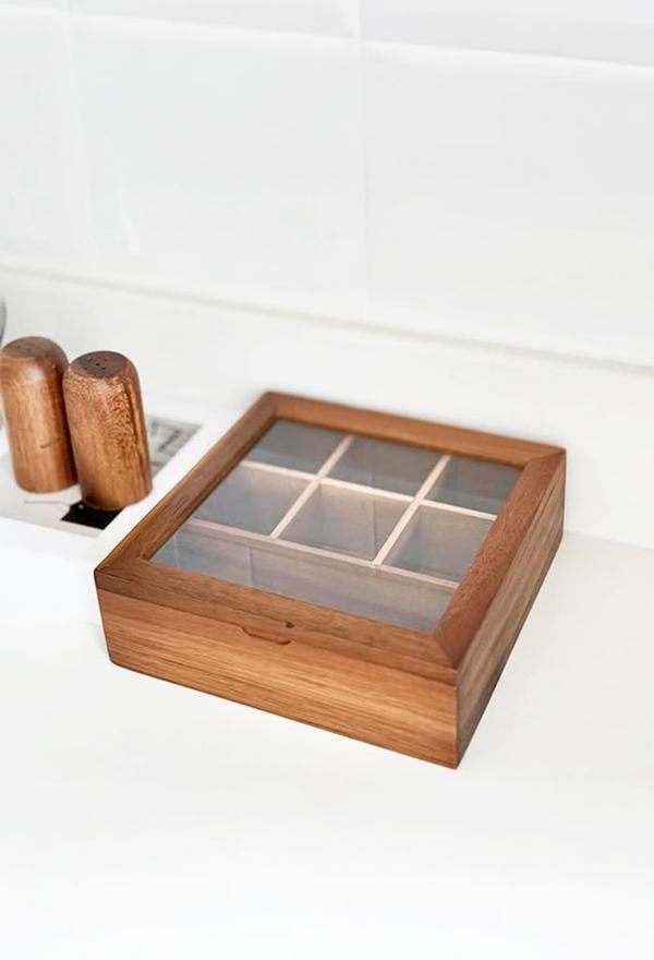 Akasya Ahşap Kapaklı 5 Bölmeli Çay Kutusu 20,5x20,5x6,5 cm Şeffaf Kapaklı Çay ve Kahve Düzenleyici Kutu - Image 1