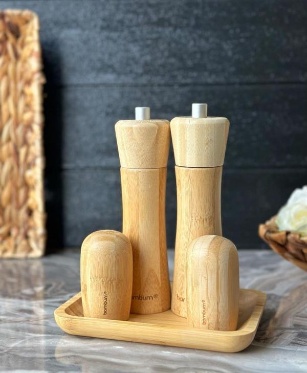 Bambum - Verdure Tabaklı Tuzluk Biberlik Değirmen Seti 5 Parça  - Image 1
