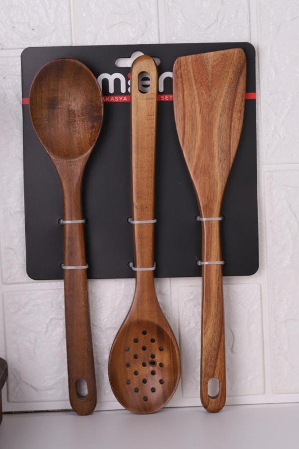 Atby Akasya Ahşap 3'lü Mutfak Kaşık Seti Delikli Kaşık Karıştırma Kaşığı ve Spatula - Image 1