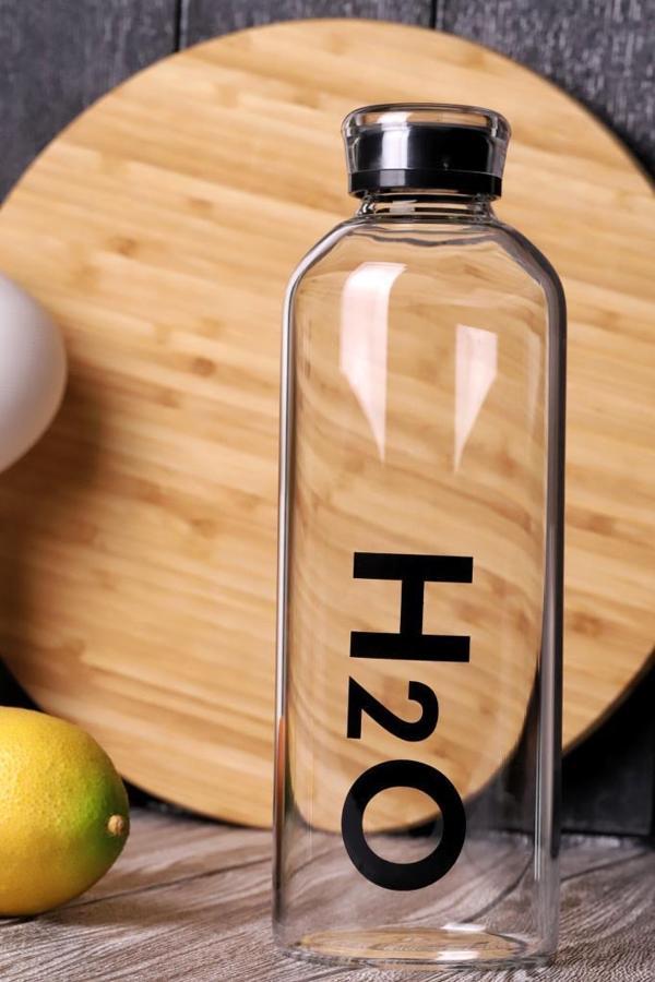 H2O Borosilikat Cam Matara 1L Vakum Kapaklı Su Şişesi Suluk 1000 Ml - Image 1