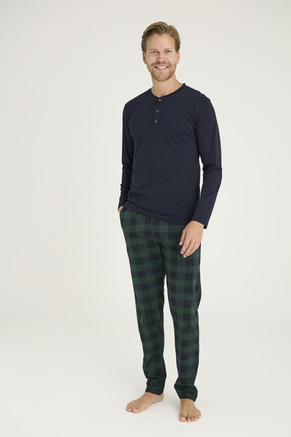 Kly Erkek %100 Pamuklu Düğmeli Yaka Ekose Desen Uzun Kollu Pijama Takım - Image 1