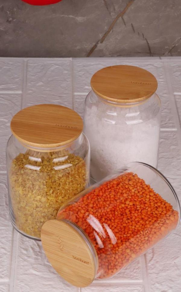 Zone - 3'lü Cam Saklama Kabı 800ml Vakumlu Bambu Kapaklı - Image 1