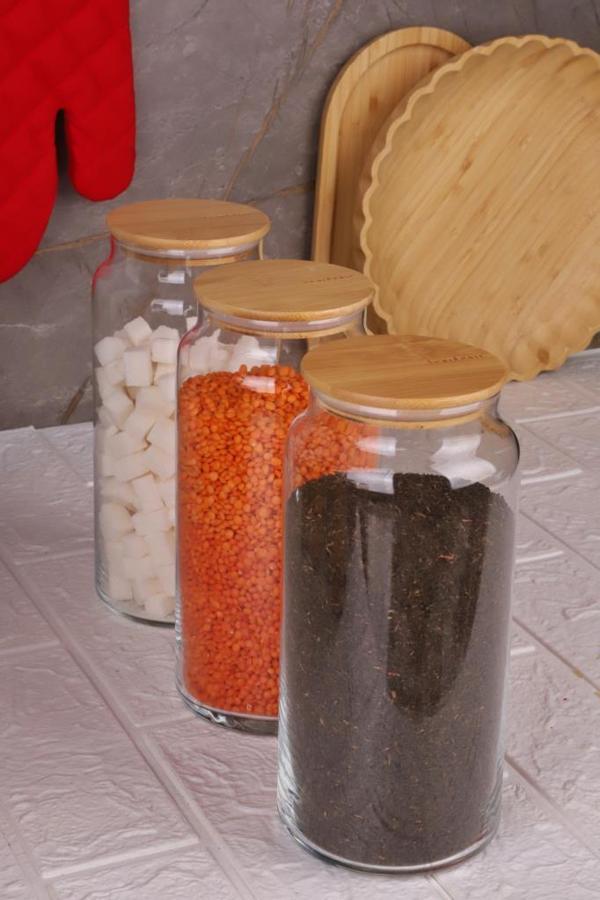 Zone - 3'lü Cam Saklama Kabı 1300ml Vakumlu Bambu Kapaklı - Image 1