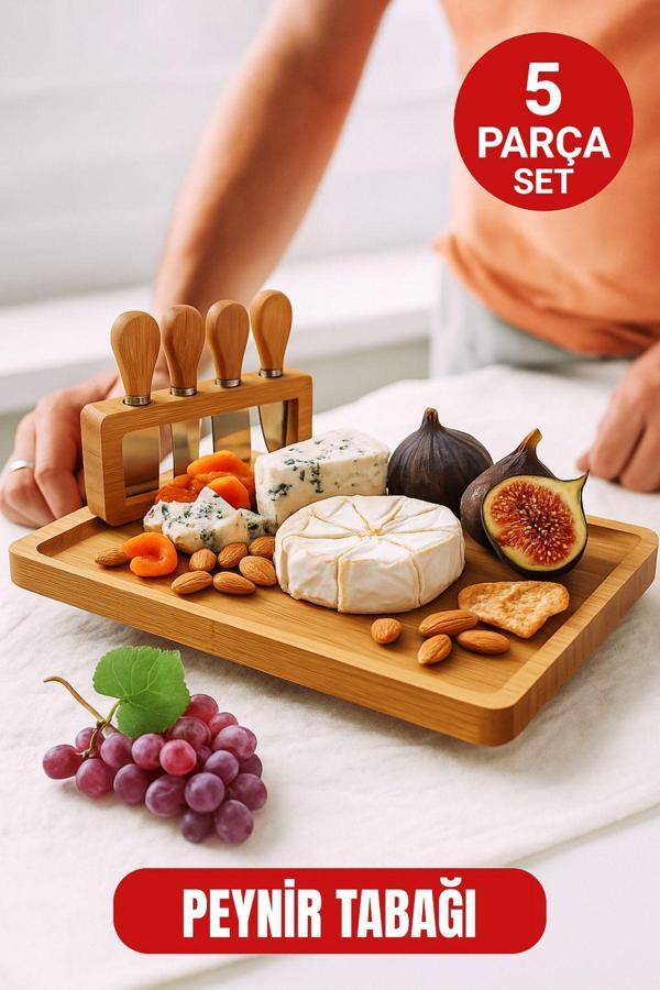 5 Parça Bambu Peynir Sunum Tahtası Seti – Bıçak, Çatal ve Spatulalı Şık Peynir Kesim Panosu - Image 1