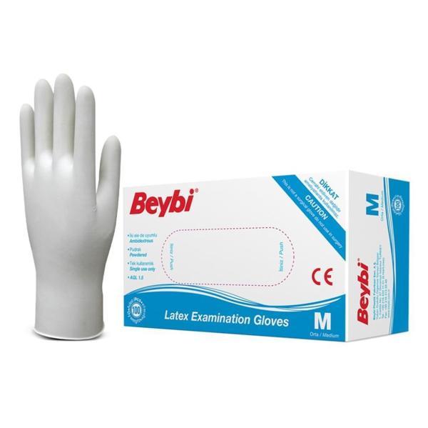 Beybi Lateks Pudralı Beyaz Muayene Eldiveni 100' lü Paket Medium - Image 1