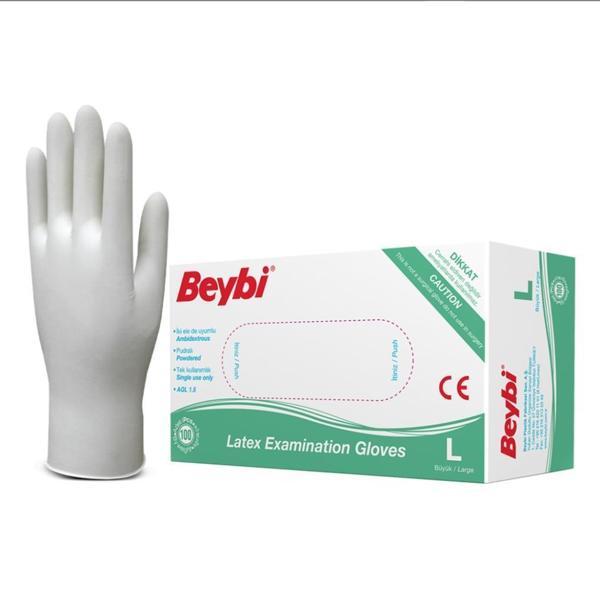 Beybi Lateks Pudralı Beyaz Muayene Eldiveni 100' lü Paket Large - Image 1