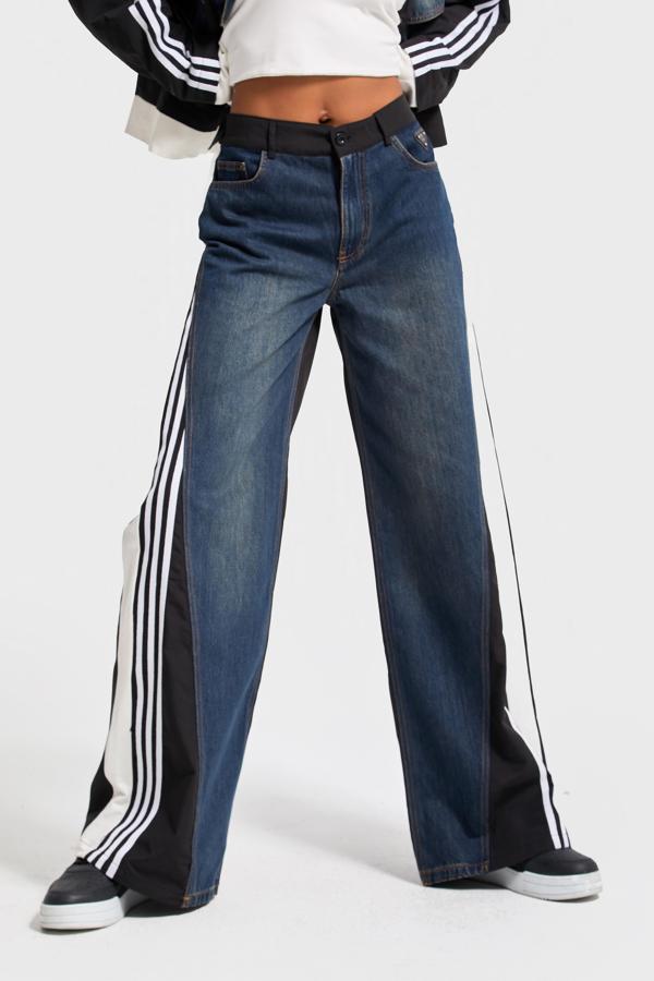 Kadın Kot Rengi Çift Parça Kumaş Şerit Detaylı Bol Kesim Özel Tasarım Denim Jean - Image 1