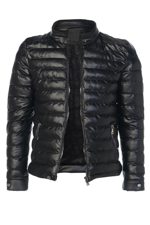 Sivaist Erkek Siyah Slim Fit İçi Kalın Kürklü Su İtici Şişme Deri Ceket & Mont - Image 1