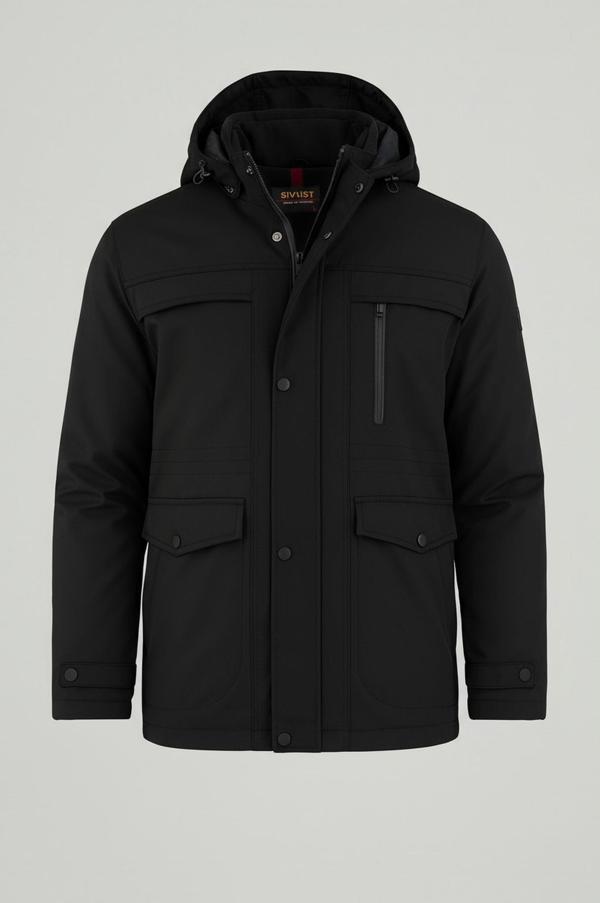 Erkek Siyah Pamuk Polyester Karışımlı Kürklü Çıkartılabilir Kapüşonlu Mont&Kaban - Image 1
