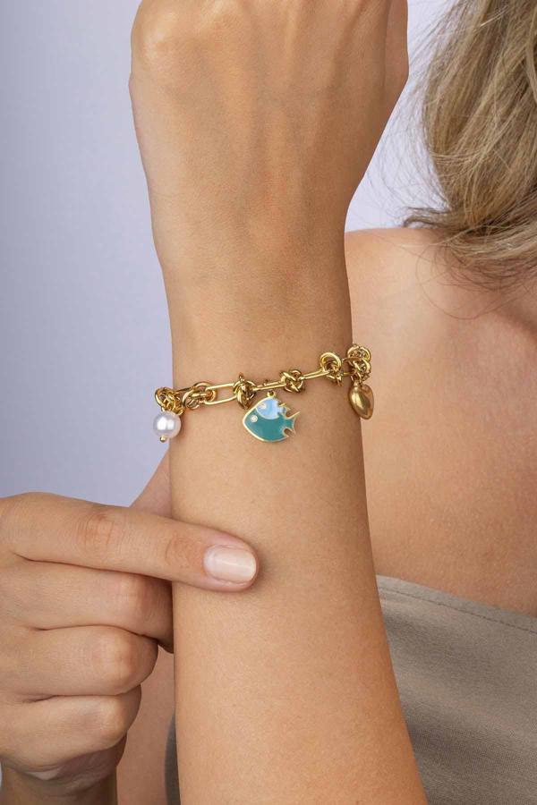 Gümüş Pazarım Balık İnci Kalp Figürlü Altın Kaplama Çelik Kadın Charm Bileklik - Image 1